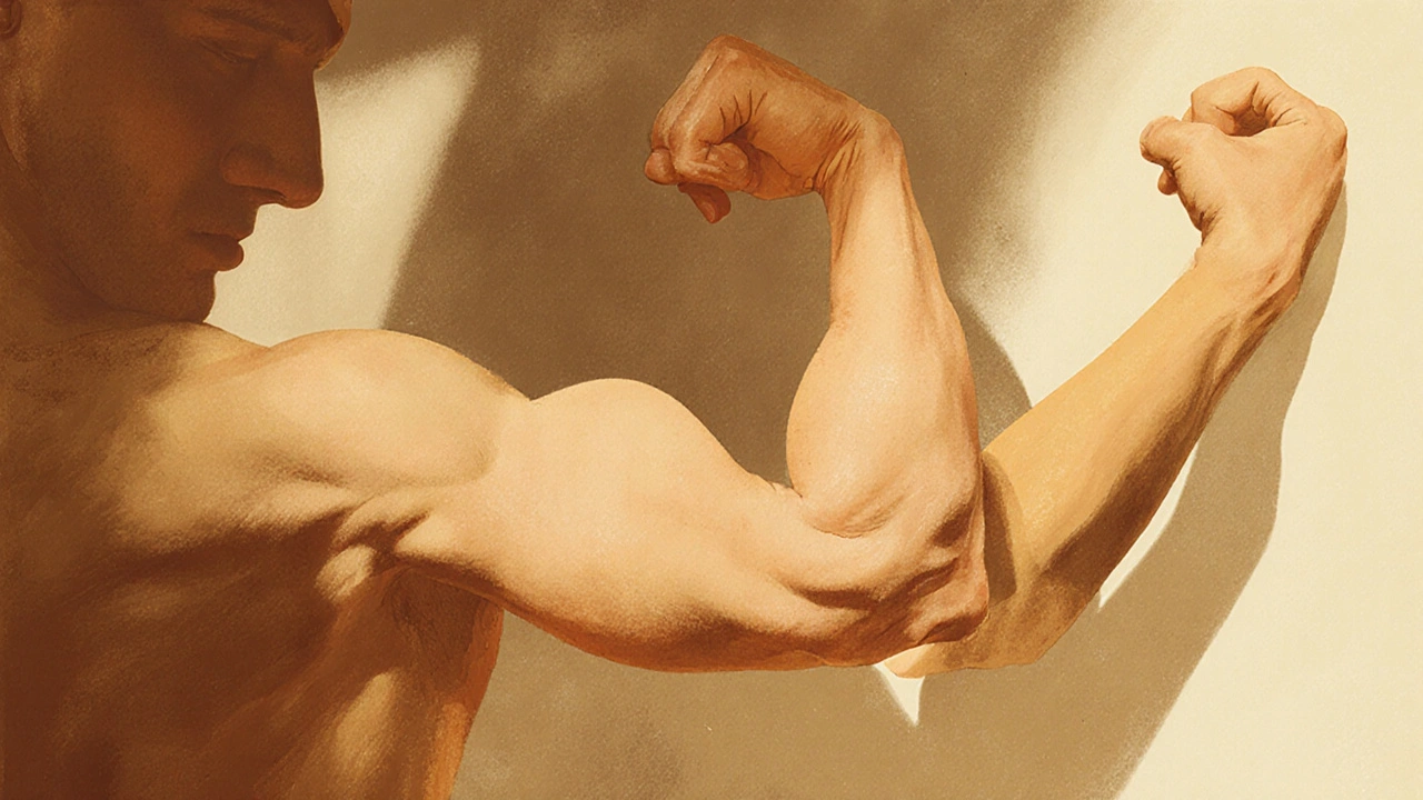 Ruka dotýká se tvrdého svalu, kontrast s dřívějším měkkým tělem.