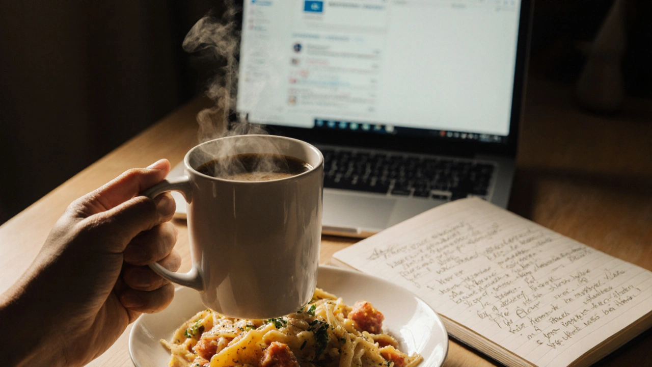 Ruka drží kávu vedle nejedeného těstovin, za ní laptop a deník s poznámkami o únavě.