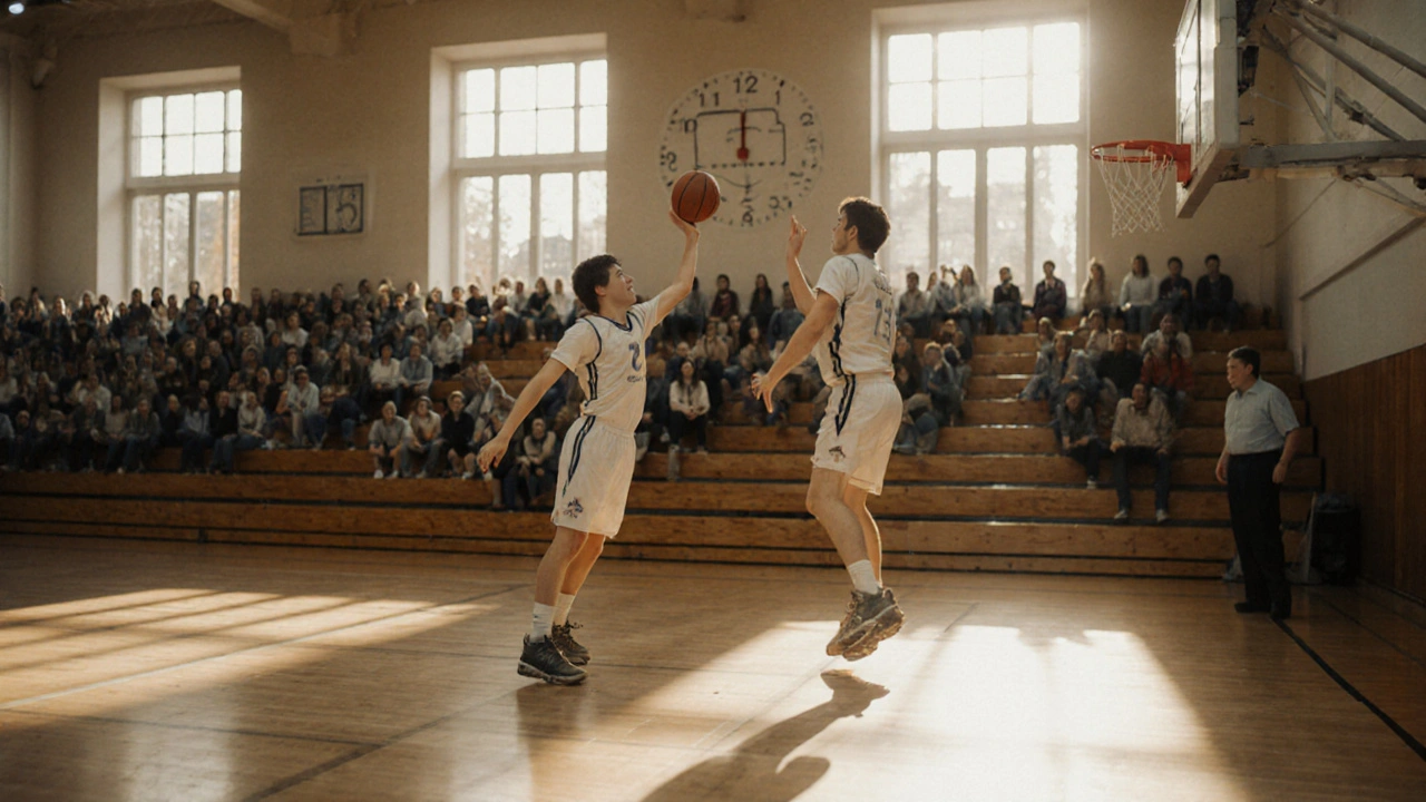 Školní zápas v Česku s časem 7:15 v osmiminutové čtvrtině.