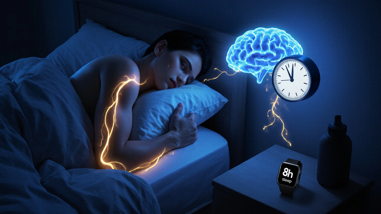 Spánek jako klíčový proces pro regeneraci svalů, s vykresleným růstovým hormonem.