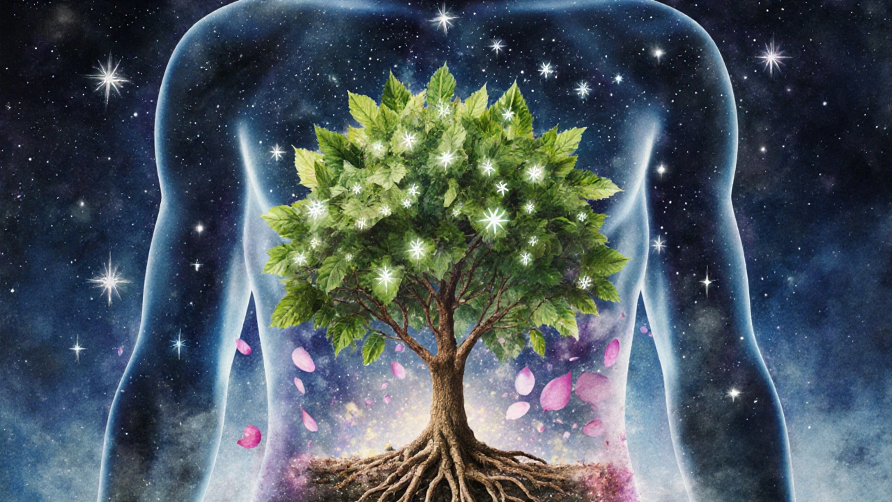 Strom rostoucí z břicha, symbolizující vnitřní přeměnu tuku na energii