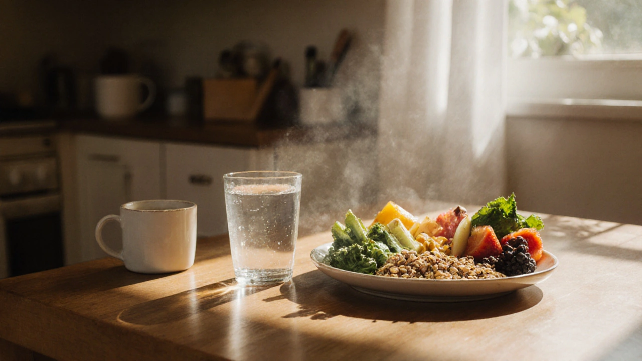 Stůl s čerstvou zeleninou, ovoce a celozrnnými výrobky v domácí kuchyni.