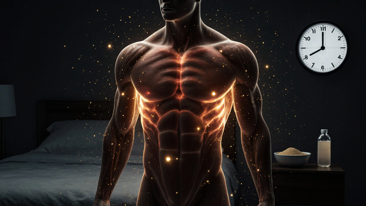 Svalové tkáně se regenerují v temnotě, zlaté částice symbolizují obnovu.