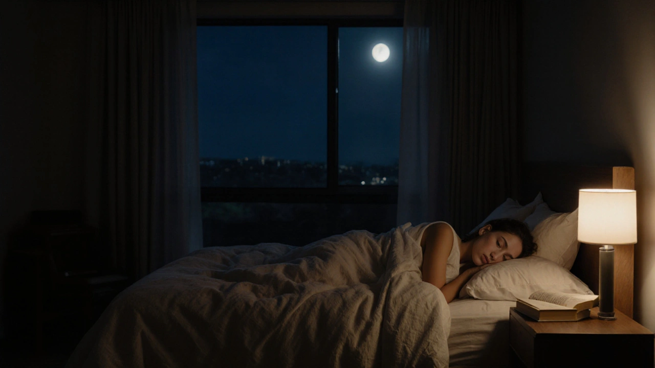 Tmavá ložnice s klidně spící osobou a knihou na nočním stolku.