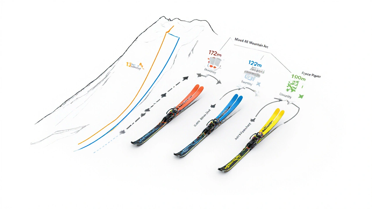 Tři lyže s různými rádiusy umístěné na odpovídajících typech terénu.