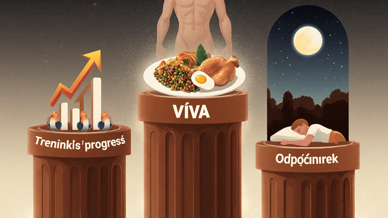 Tři pilíře růstu svalů: trénink, výživa a odpočinek, symbolizované vizuálně v přírodních tónech.