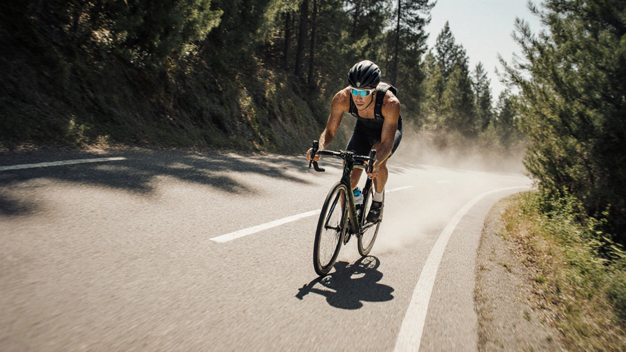 Triatlonista jízda na kole po silnici u jezera, zapotí, drží ruce na hmatu, okolí jsou stromy.
