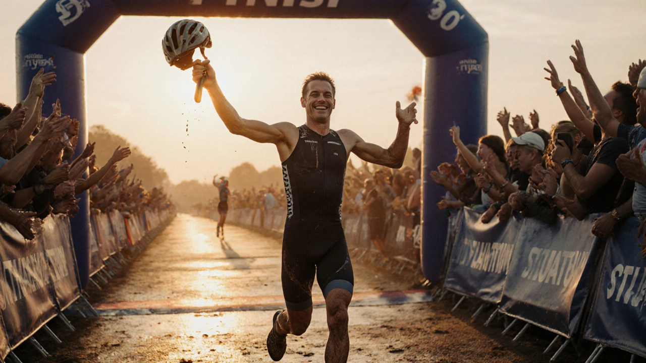 Triatlonista překračuje cílovou čáru, unavený, ale šťastný, nohy mudrové, ruka drží přilbu.