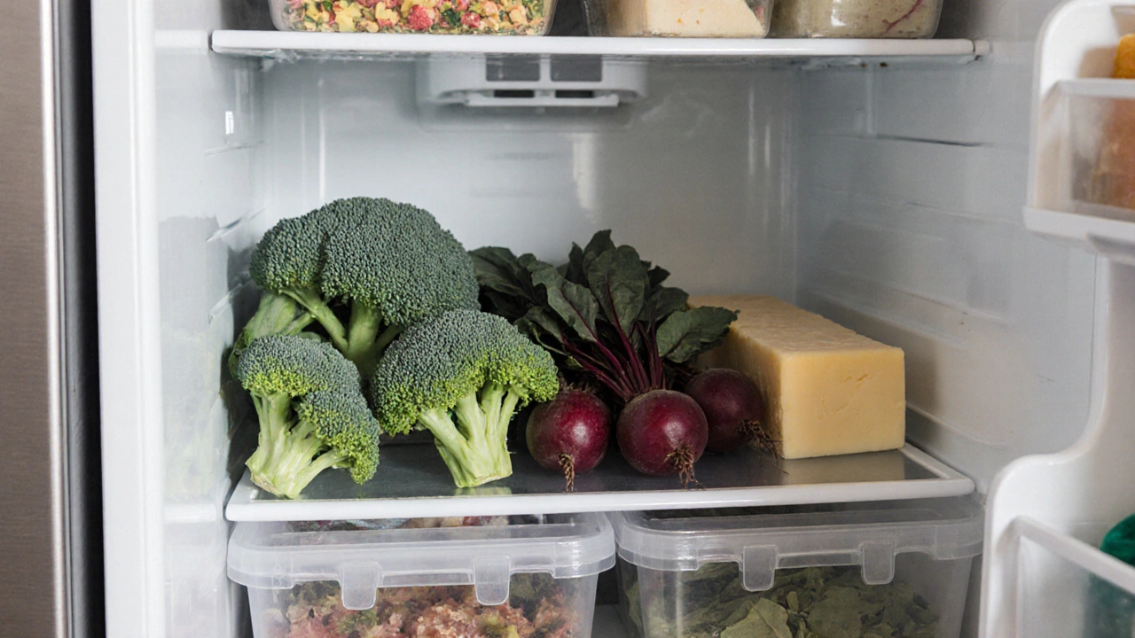 V lednici jsou čerstvé zeleniny vedle připravených jídel.