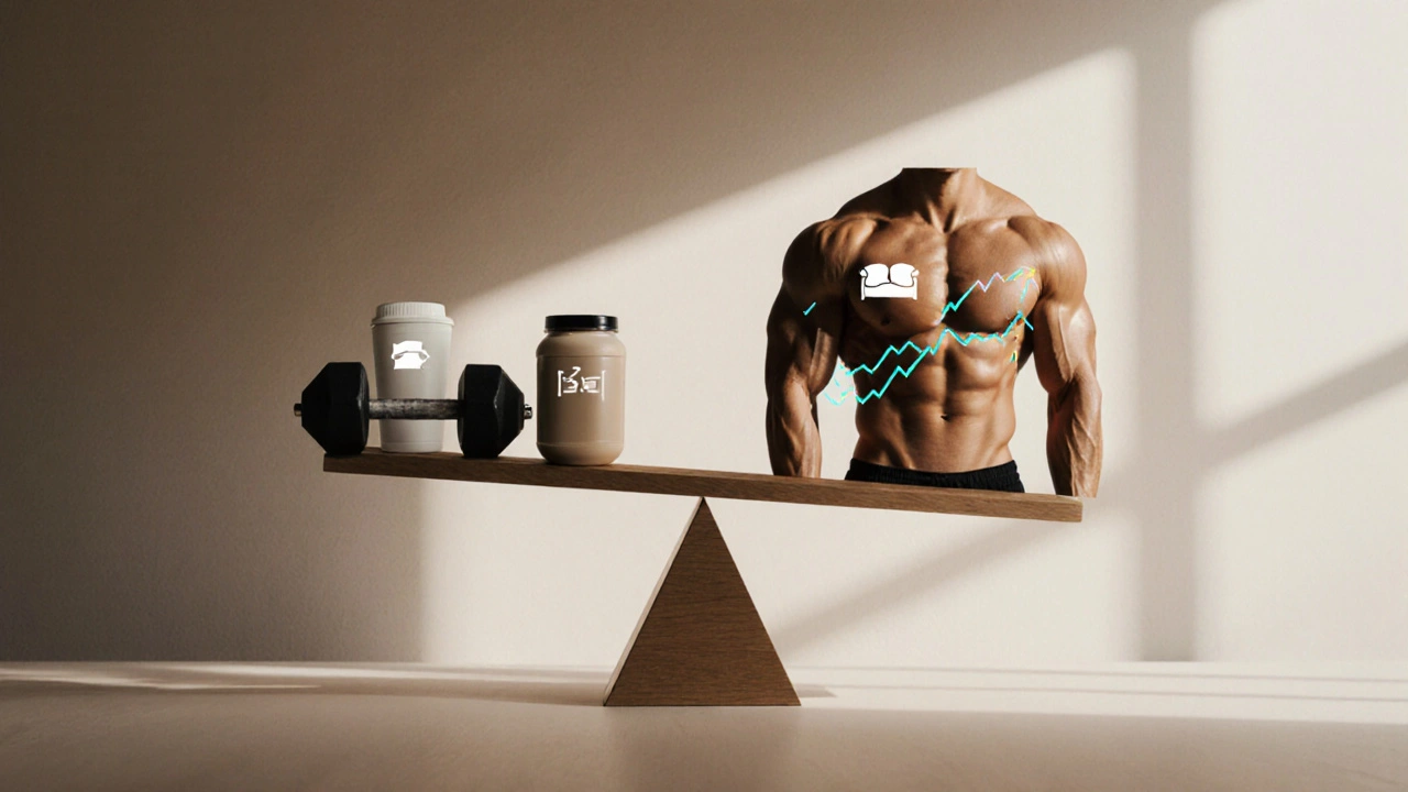 Váha symbolizující rovnováhu mezi tréninkem, výživou a odpočinkem pro růst prsních svalů.