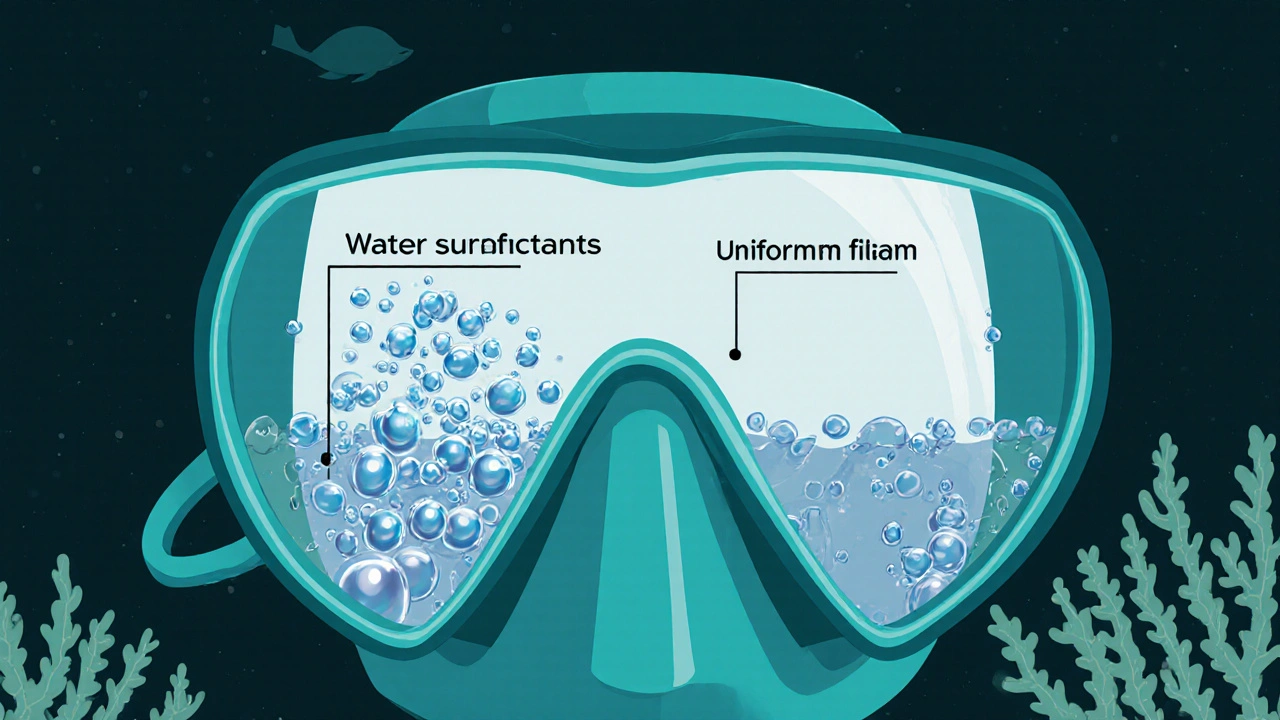 Vědecká ilustrace ukazující, jak sliny brání vzniku mlhy na skle vodním povrchovým napětím.