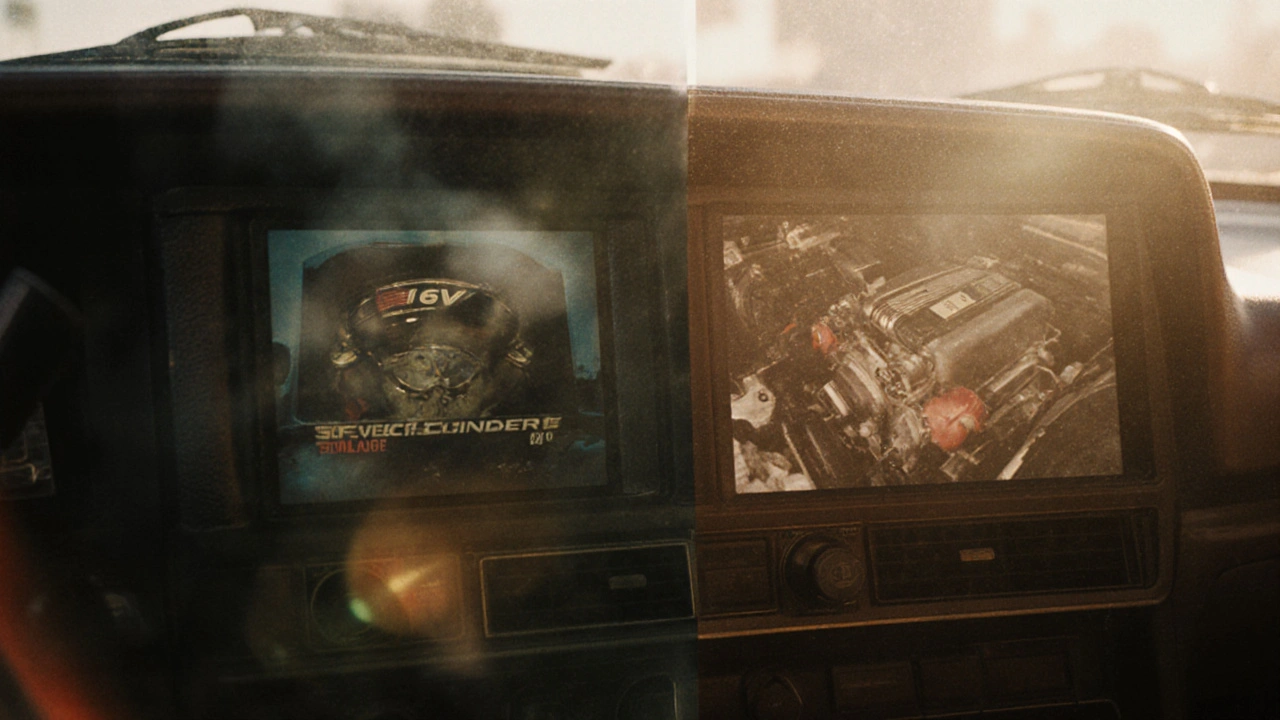 Vnitřek auta z 90. let s označením 16V a porovnáním starého a moderního motoru.