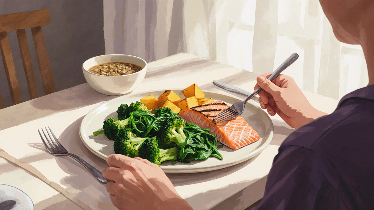 Zeleninový oběd s lososem, brokolici a luskovinami na talíři.