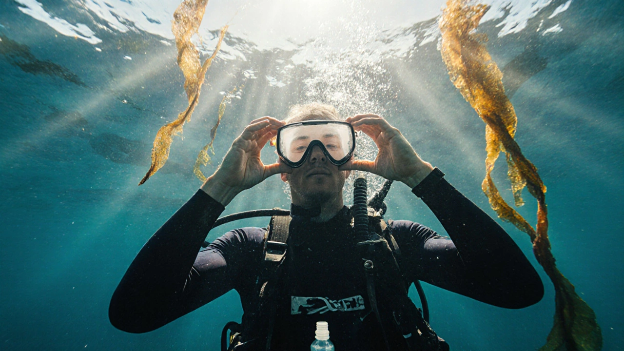 Zkušený potápěč vystupuje z moře s jasnými brýlemi, symbolizující jednoduchou a účinnou metodu.