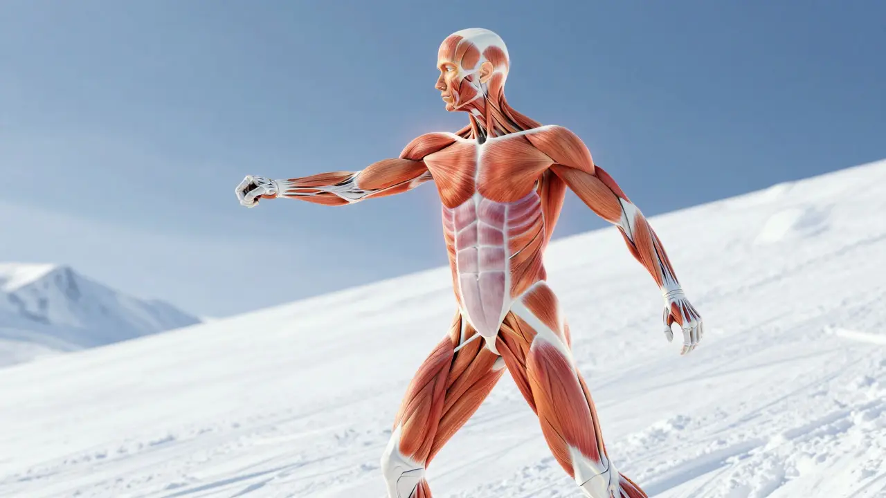 Anatomická ilustrace svalů břicha a zad spojených s lyžováním na pozadí sněhu.