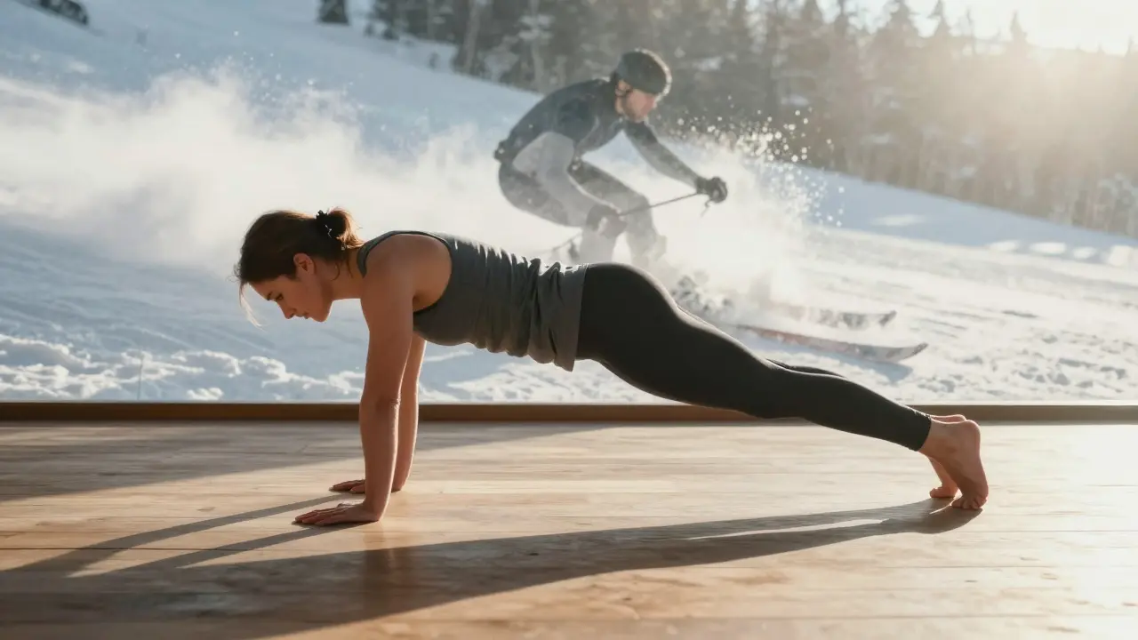 Člověk dělá cvik dead bug s přechodným obrazem lyžaře v pozadí.
