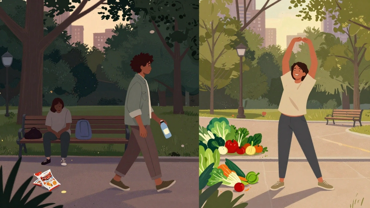 Člověk kráčí ve večerním parku, drží láhev vody, kolem něj jsou zdravé potraviny a aktivní životní styl.