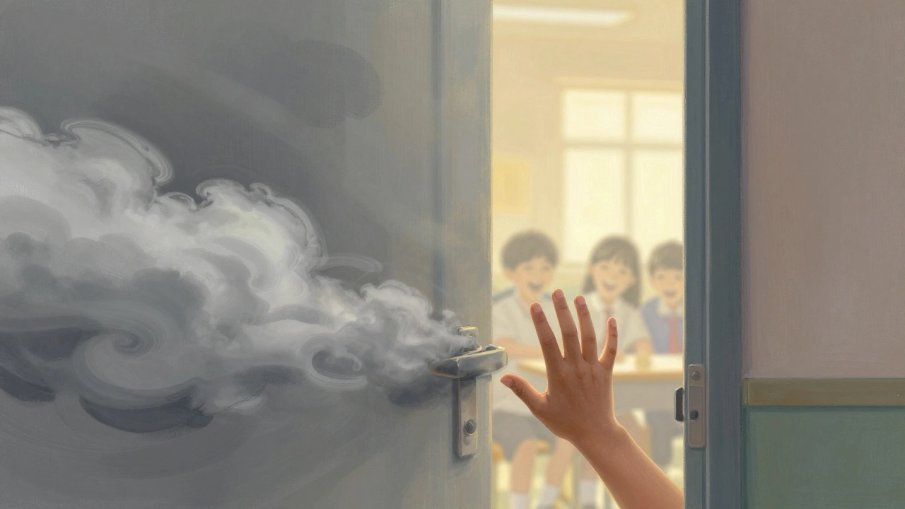 Dítě se snaží dostat do školy, ale zábranou je mrak úzkosti.