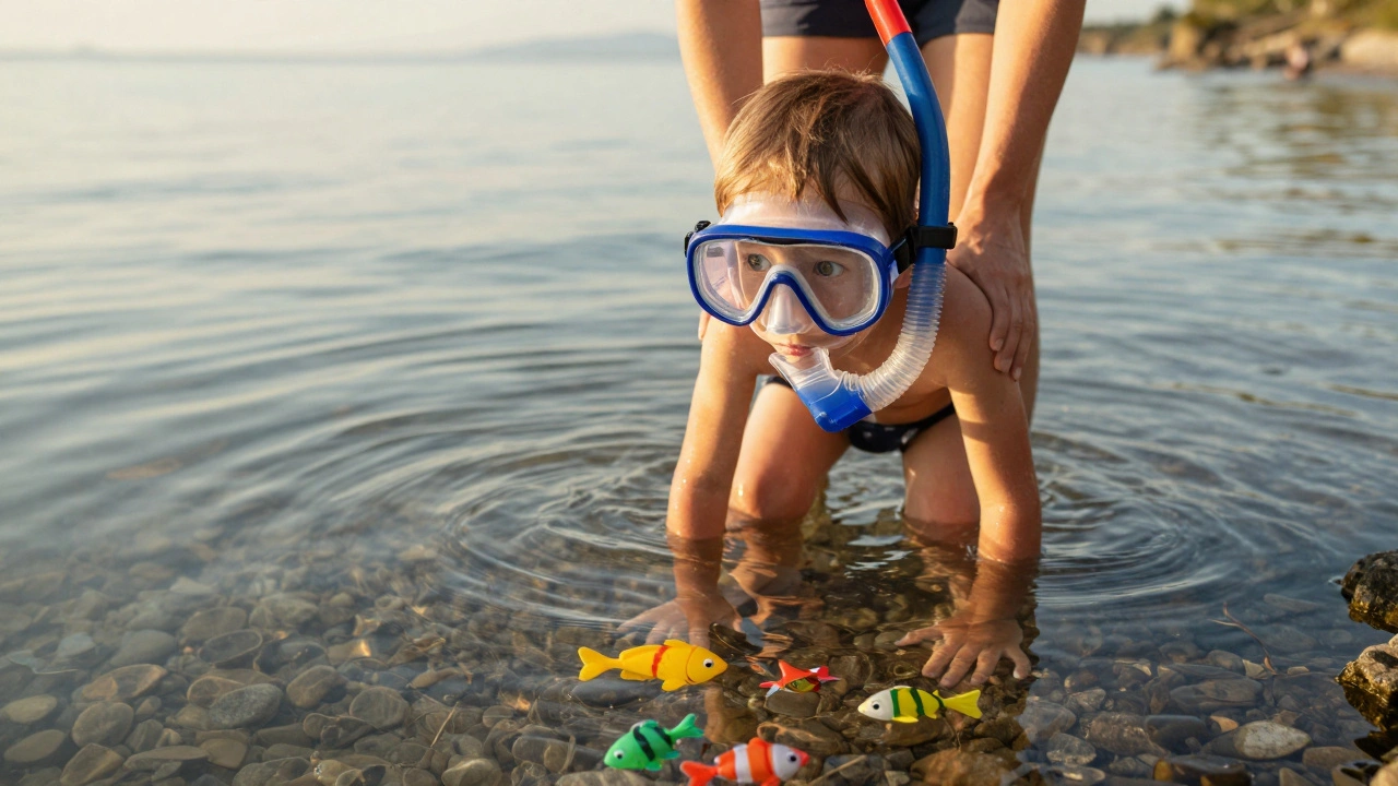 Dítě ve vodě se dívá dolů na barevné plavající rybičky, rodič stojí bezpečně za ním.