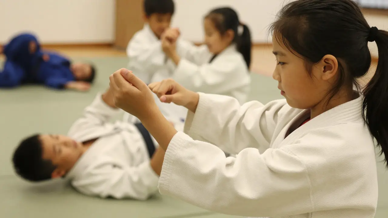 Dívka jemně přesměrovává pohyb partnera v aikido technice.