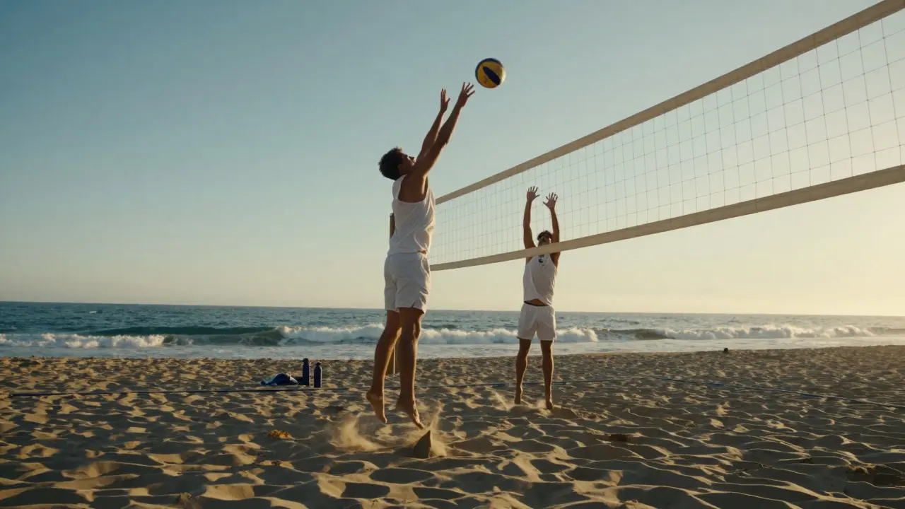Dva hráči na pláži hrají volejbal při západu slunce, oceán na pozadí.