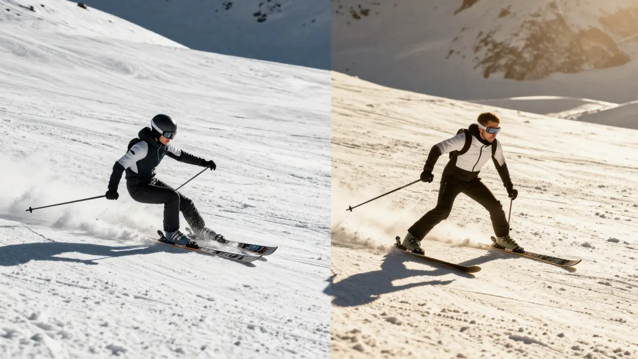 Dvě části obrázku: špatná technika s pádem a správné kotování s kontrolou na stejném svahu.