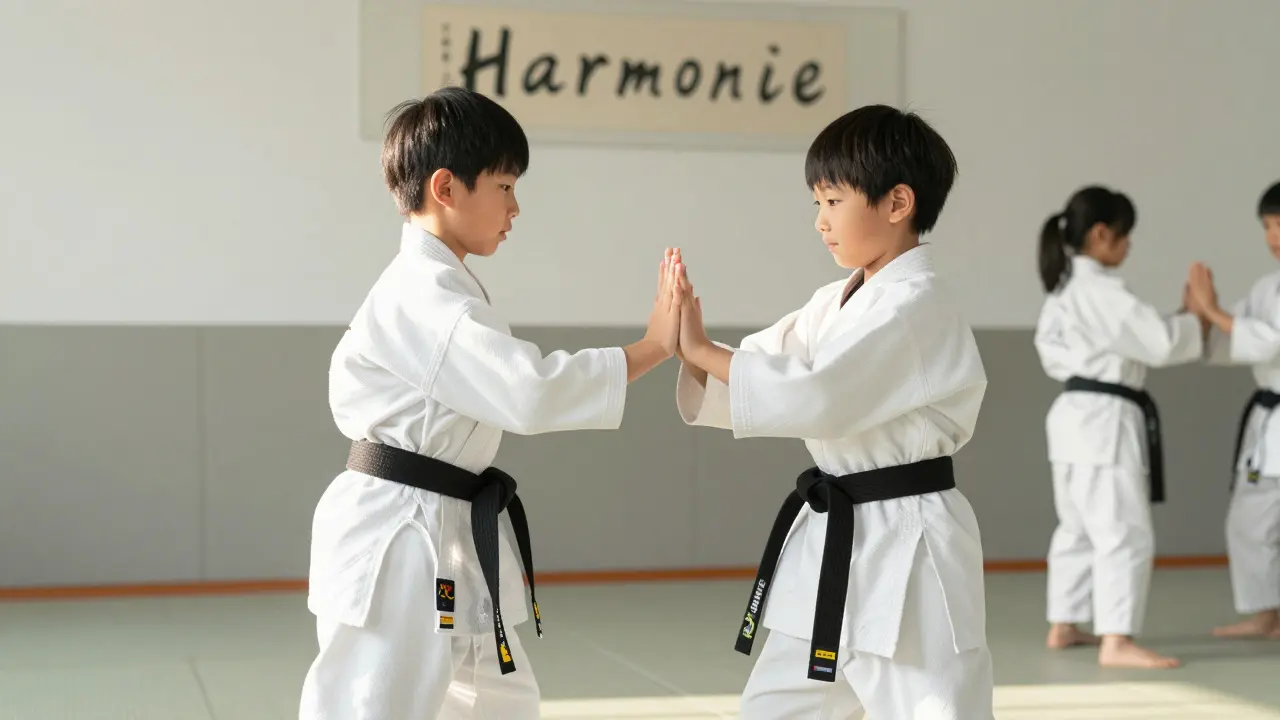 Dvě děti společně cvičí harmonický pohyb v aikidu bez násilí.