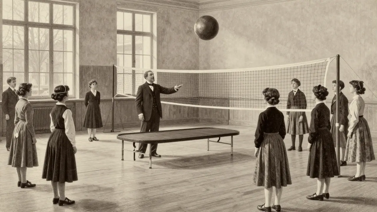 Historická scéna z roku 1895: profesor ukazuje novou hru mintonette studentům.