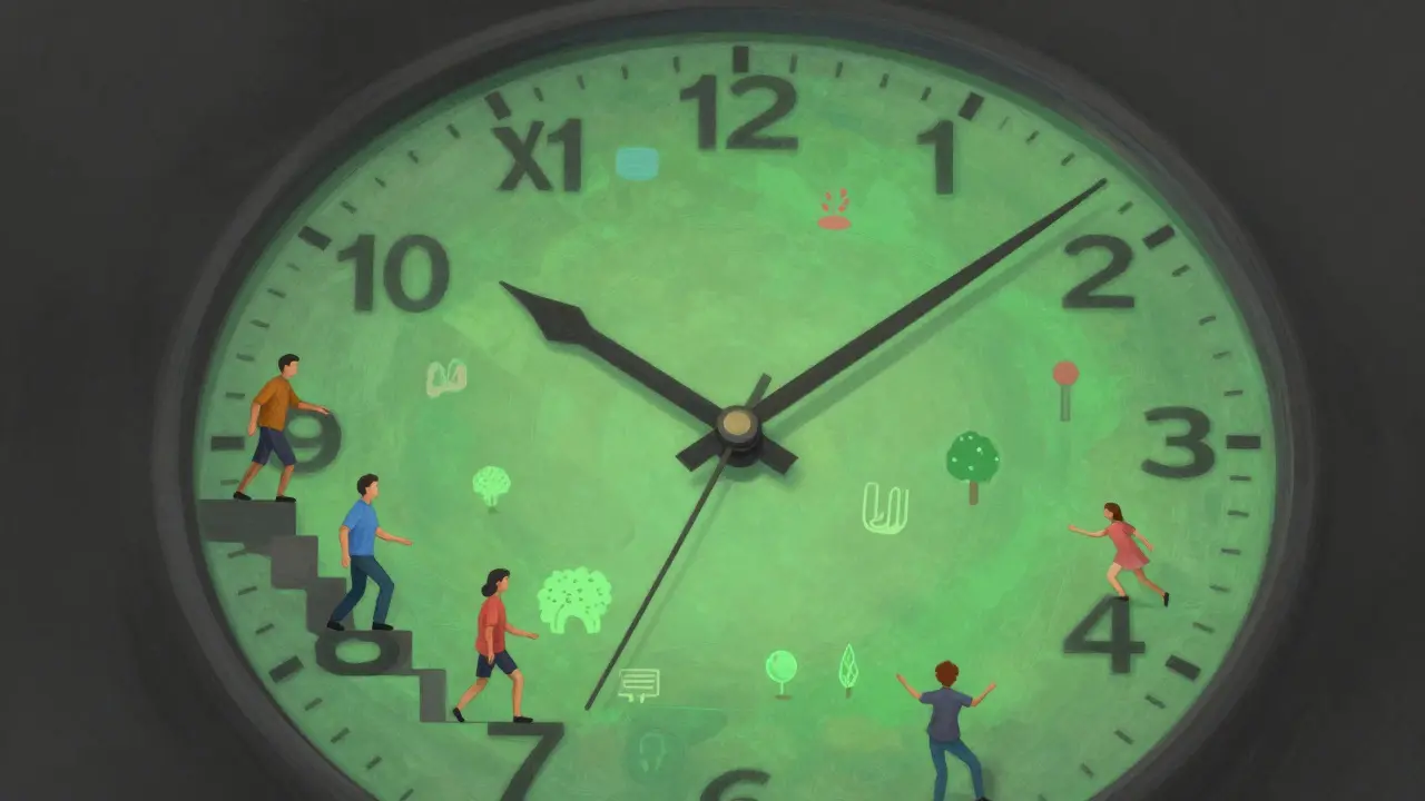 Hodiny s ručičkami tvořenými lidmi v pohybu, symbolizující malé aktivity, které tvoří aktivní životní styl.