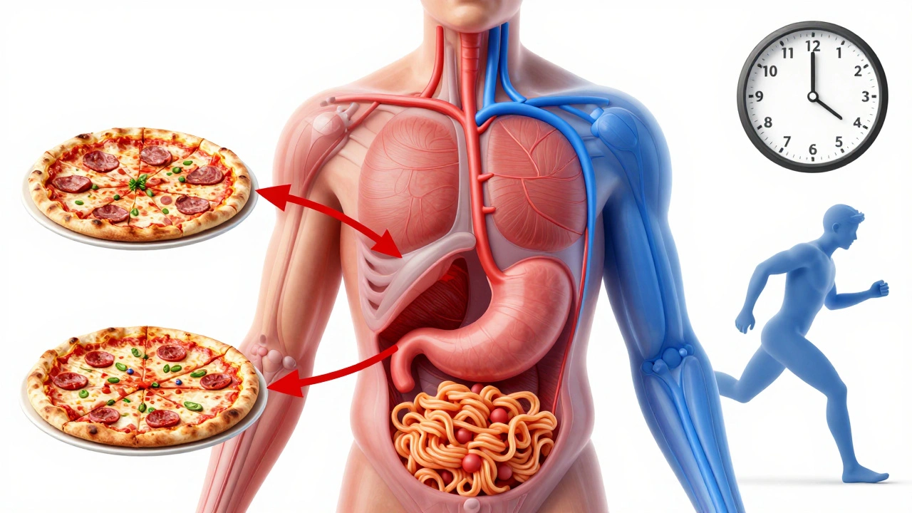 Ilustrace těla s proudy krve mezi žaludkem a svaly po jídle a cvičení.
