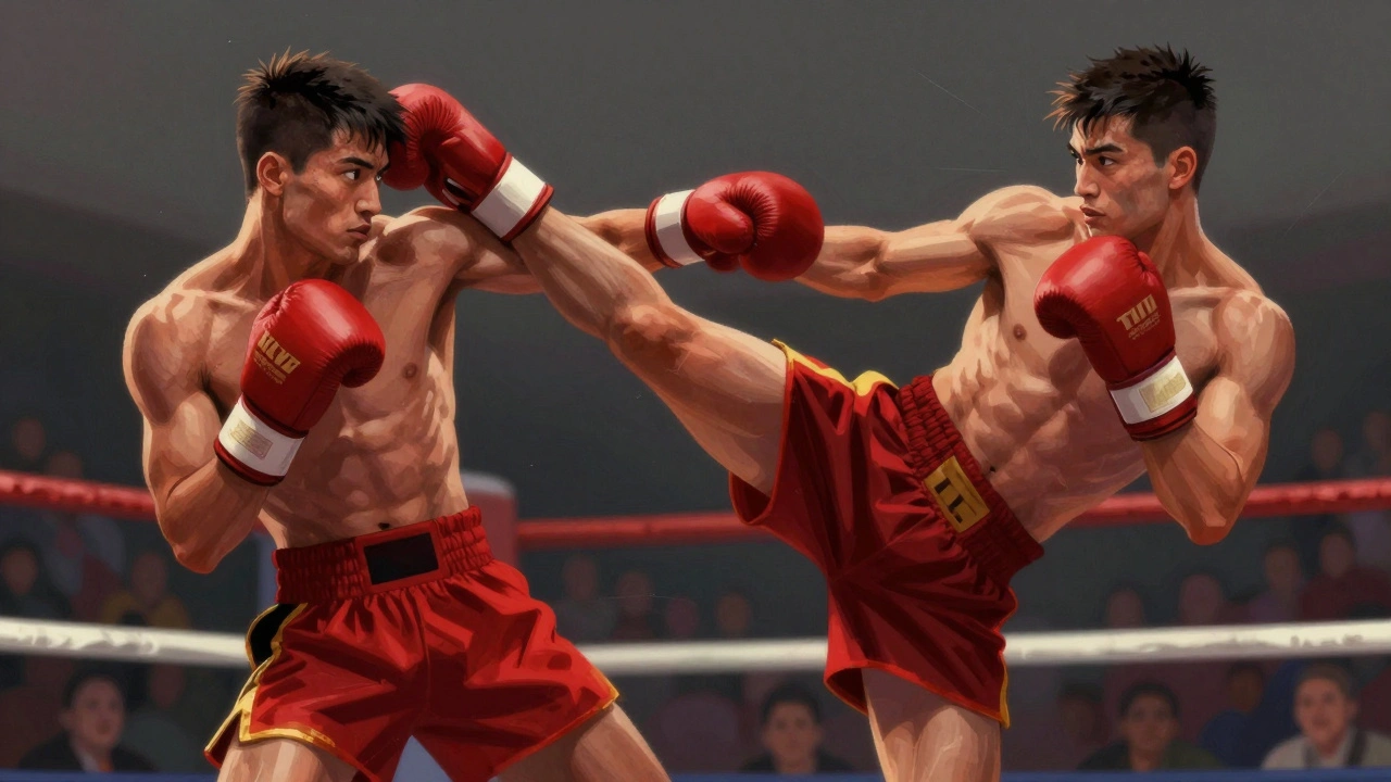 Kickboxer v pohybu: jeho tělo vytváří dynamickou kombinaci úderů rukou a nohou.