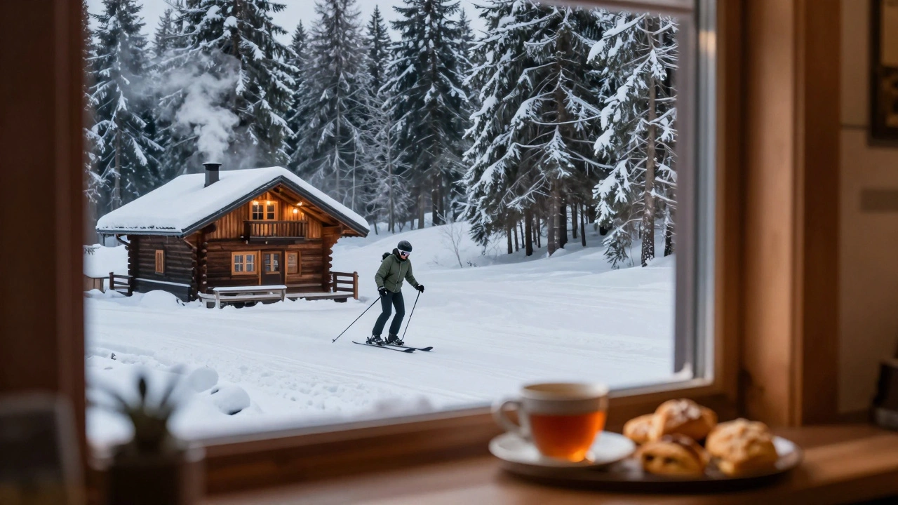 Klidná scéna v Kořenově: lyžař v lese u malé kavárny s teplým osvětlením.