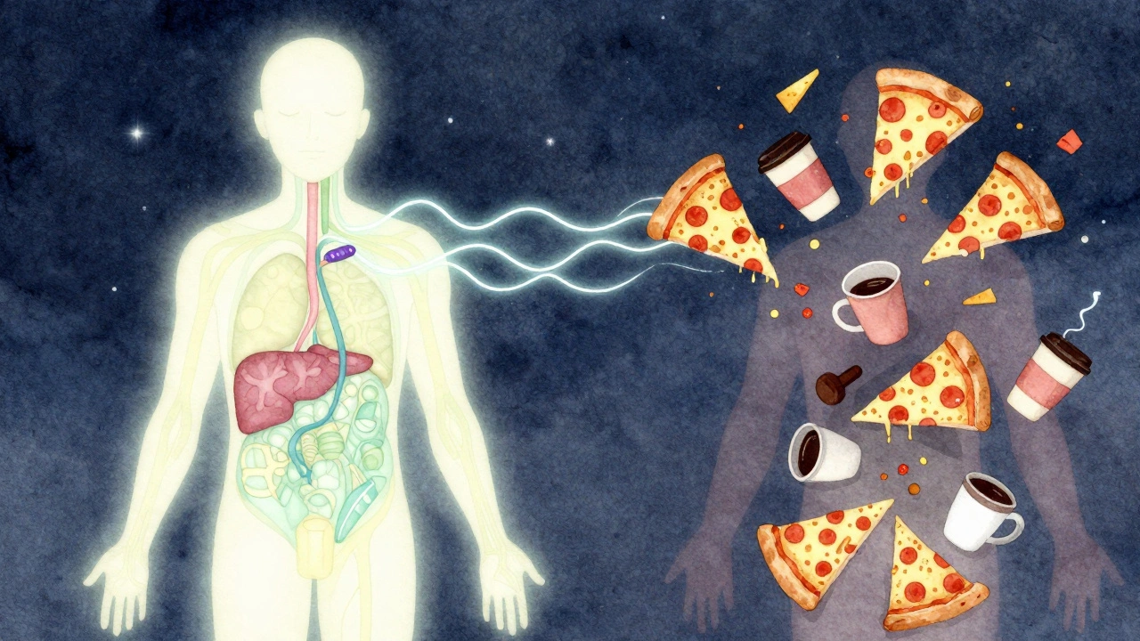 Konceptuální obraz těla v klidu versus těžké trávení večer.