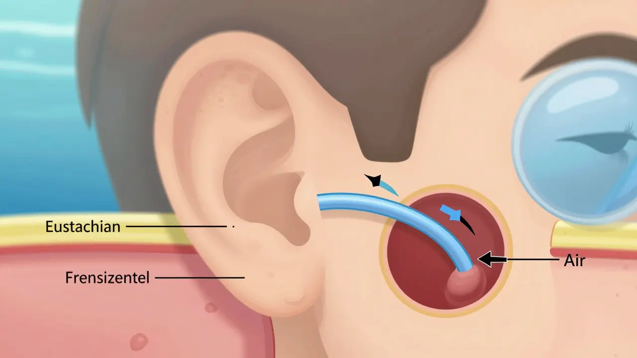 Křížový řez ucha ukazující vnitřní tlak a Eustachiovu trubici při potápění.