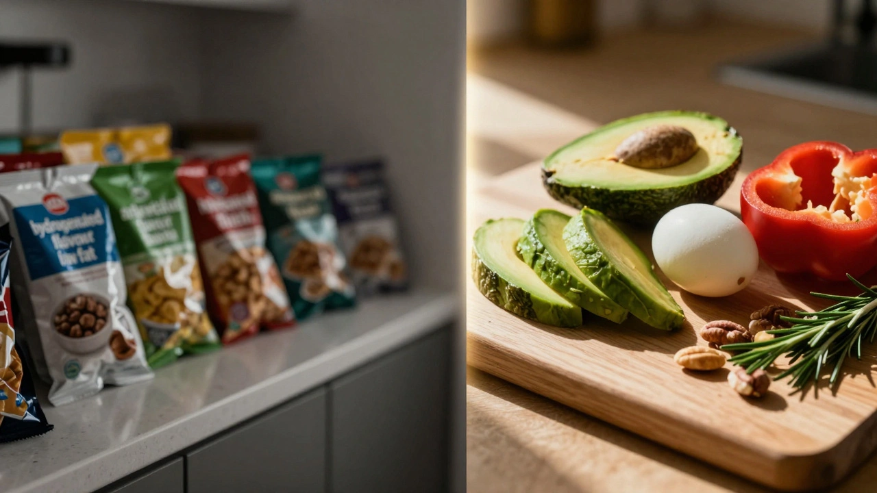 Levá strana: zpracované potraviny v balení, pravá strana: celistvé potraviny na dřevěné desce — kontrast zpracovaného a přírodního jídla.