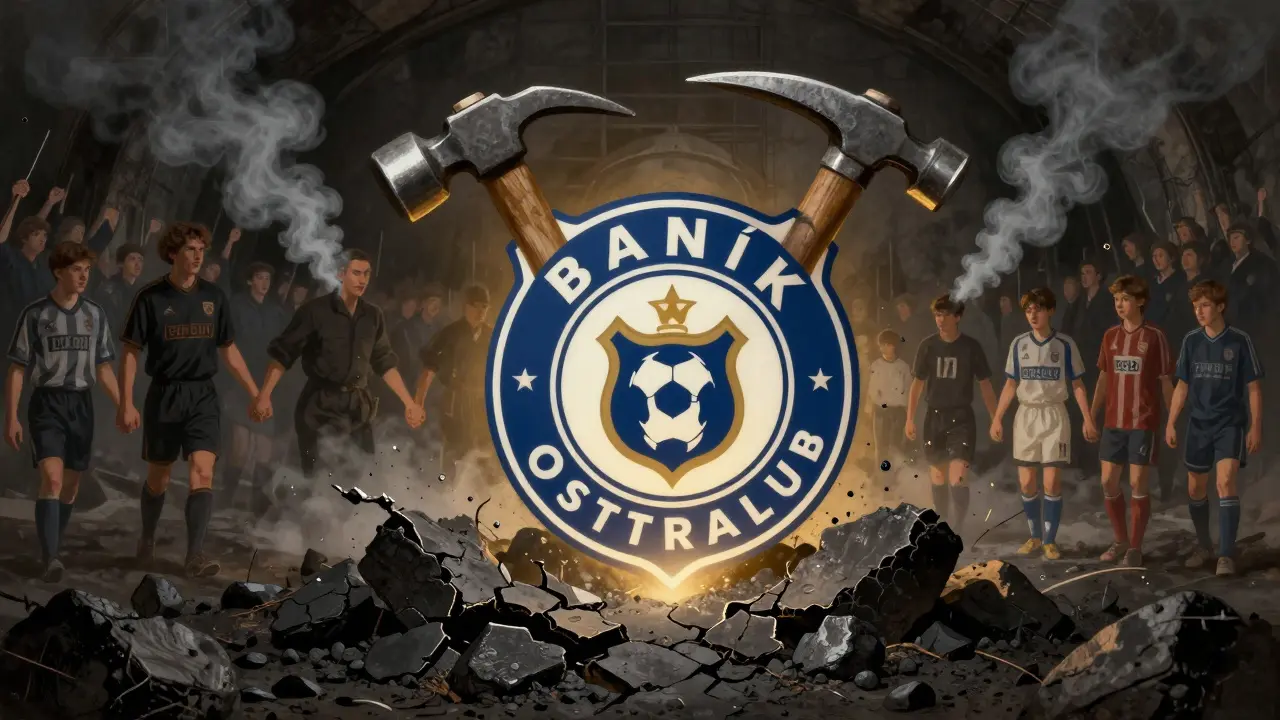 Loga Baníku Ostrava s kladívky a kytou vyrůstají z uhlí a půdy, s postavami horníků v pozadí.