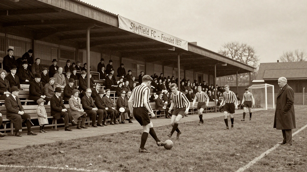 Malý fotbalový zápas v Bramall Lane v 1920. letech s pár desítkami diváků a sněhem v ovzduší.
