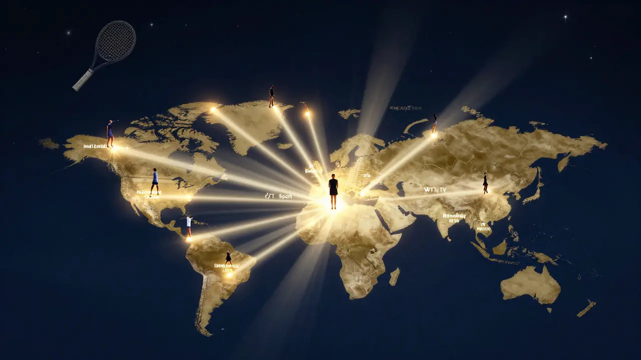 Mapa Česka s paprsky vedenými k mezinárodním tenisovým turnajům a českými hráčkami.