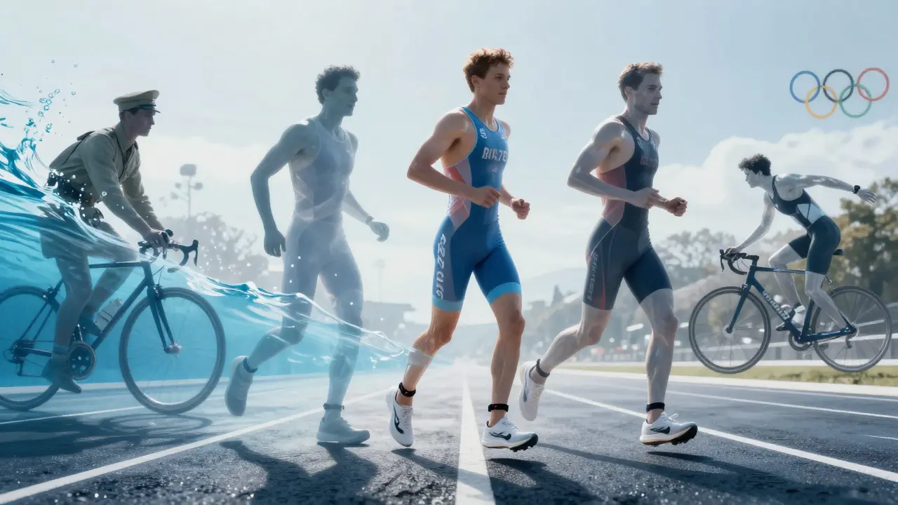 Moderní triatlonista s průhlednými siluetami minulosti, symbolizující vývoj sportu.