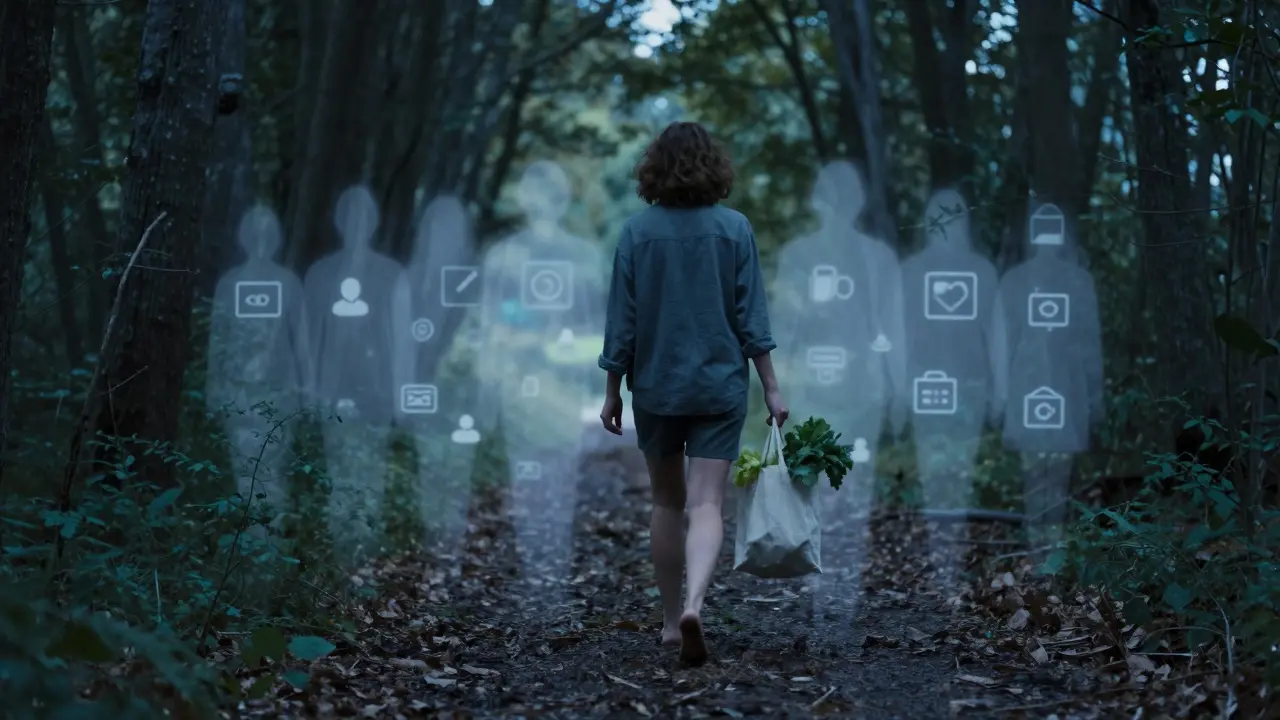 Osoba chodí bosá lesem ve večerním světle, drží pytel s domácí zeleninou.