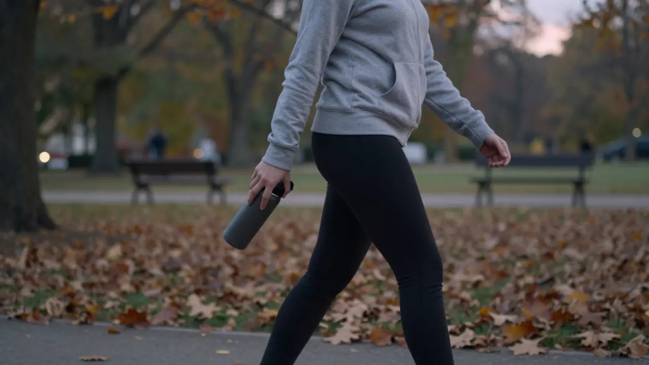 Osoba kráčí v parku večer, drží láhev vody, kolem padají listy, klidná atmosféra.