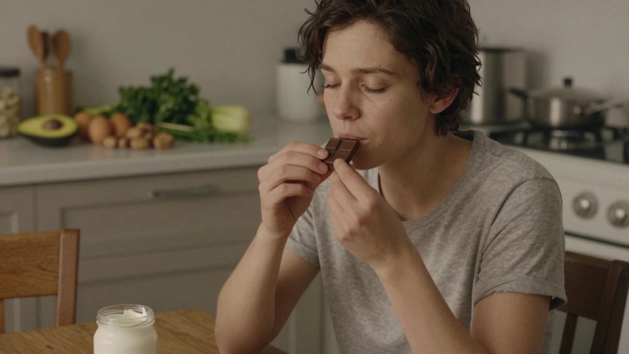 Osoba pomalu chutná kousek černé čokolády, oči zavřené, v klidné kuchyni s přírodními potravinami.