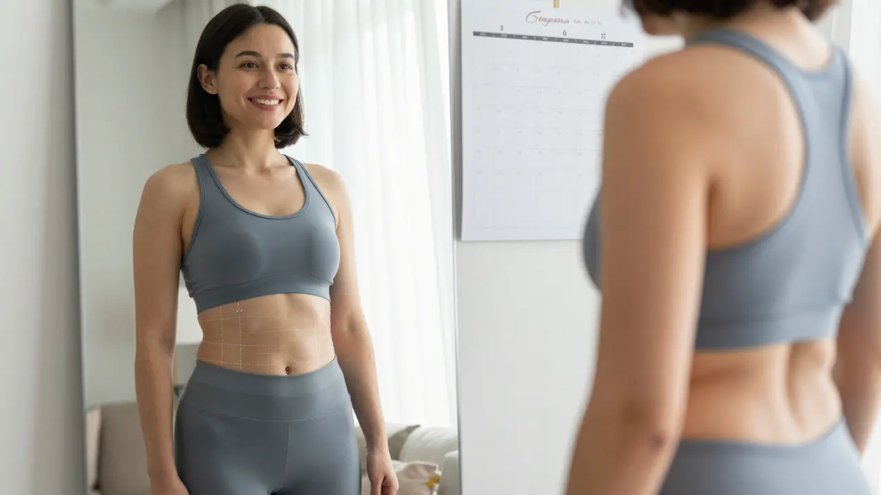 Osoba se dívá do zrcadla s viditelnými změnami obvodu pasu.