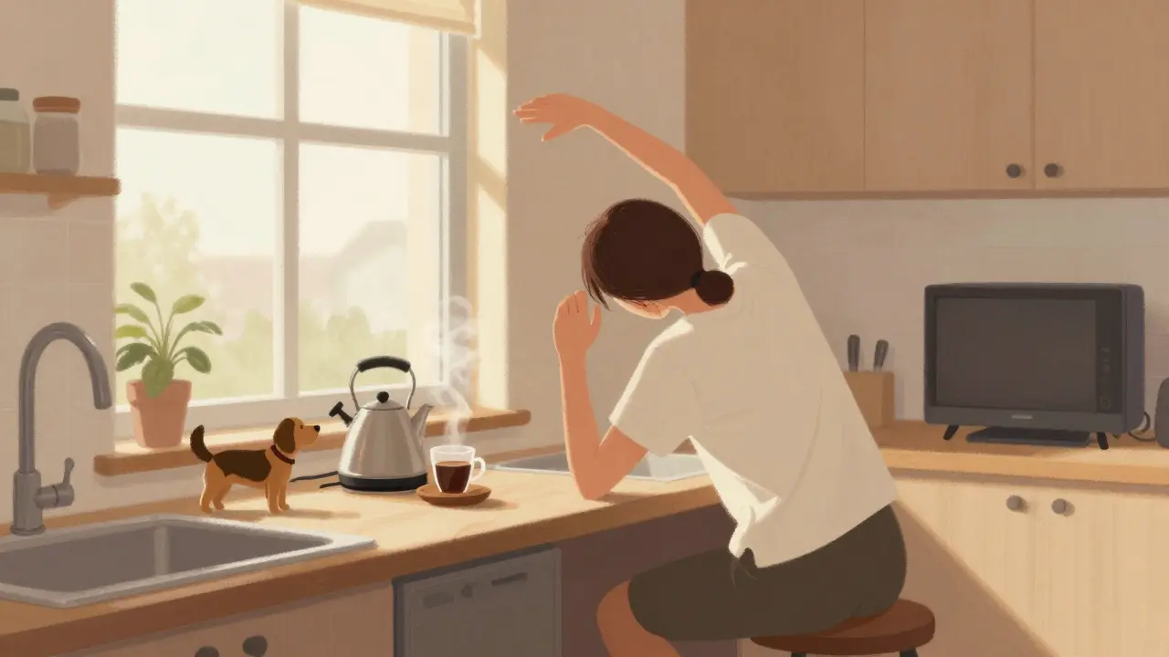 Osoba se protáhne na kuchyňském výstupku, zatímco čeká na kávu, slunce osvětluje kuchyni.