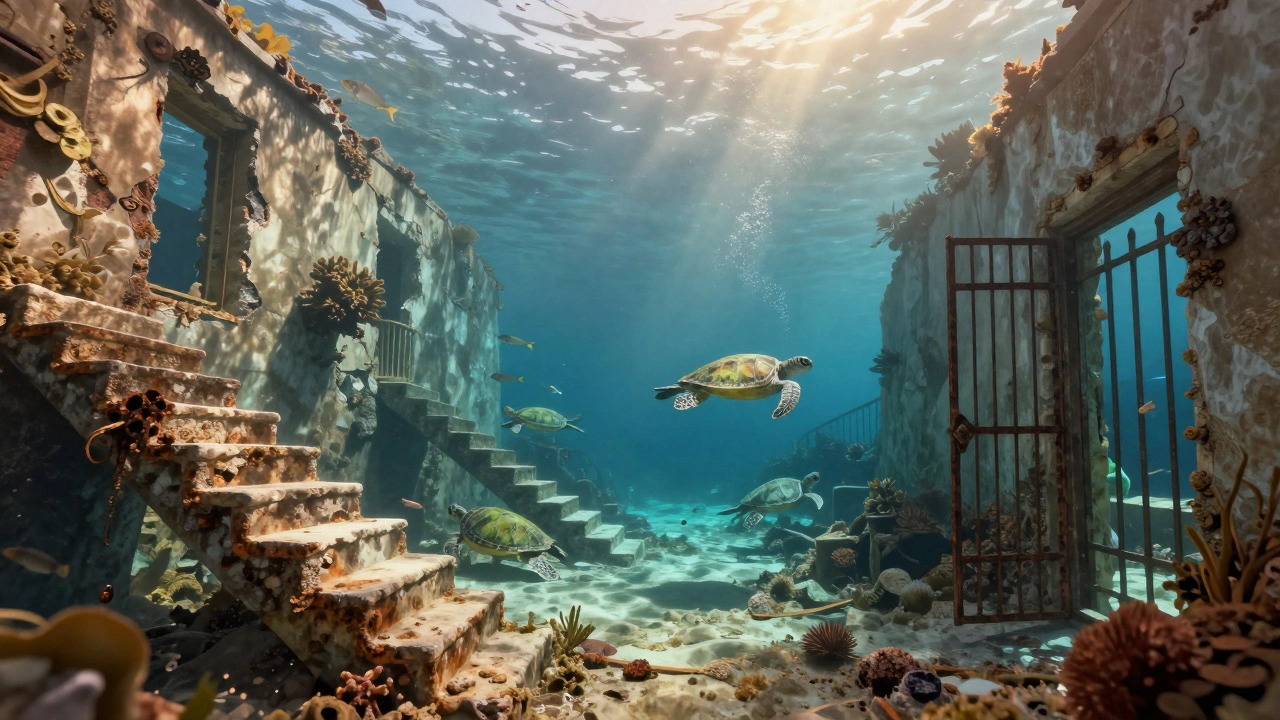 Podmořské ruiny ostrova Spinalonga s mořskými želvami a zbytky budov ve vodě.