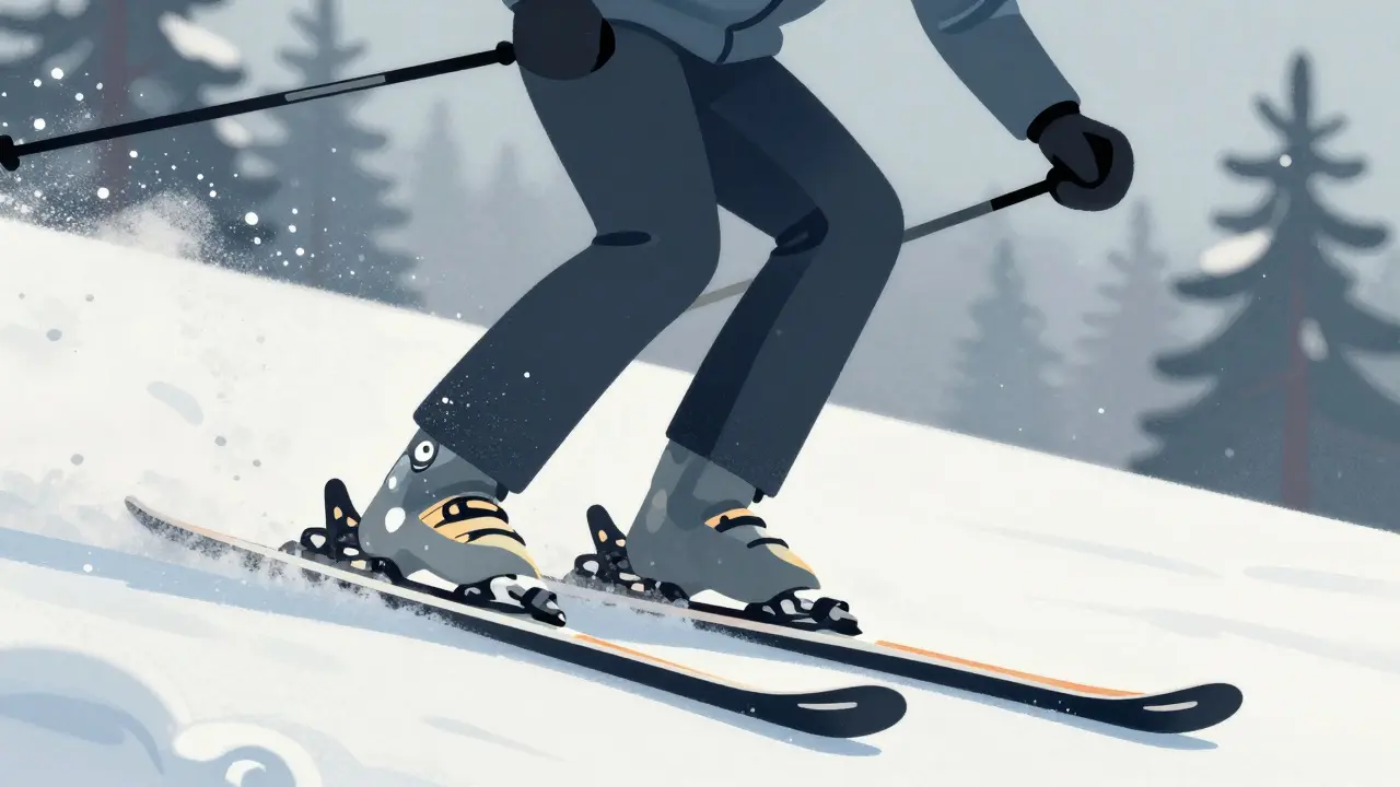 Pohled zespodu na nohy lyžaře při kotování, vnitřní hrany lyží zaryté do sněhu, dynamický pohyb.