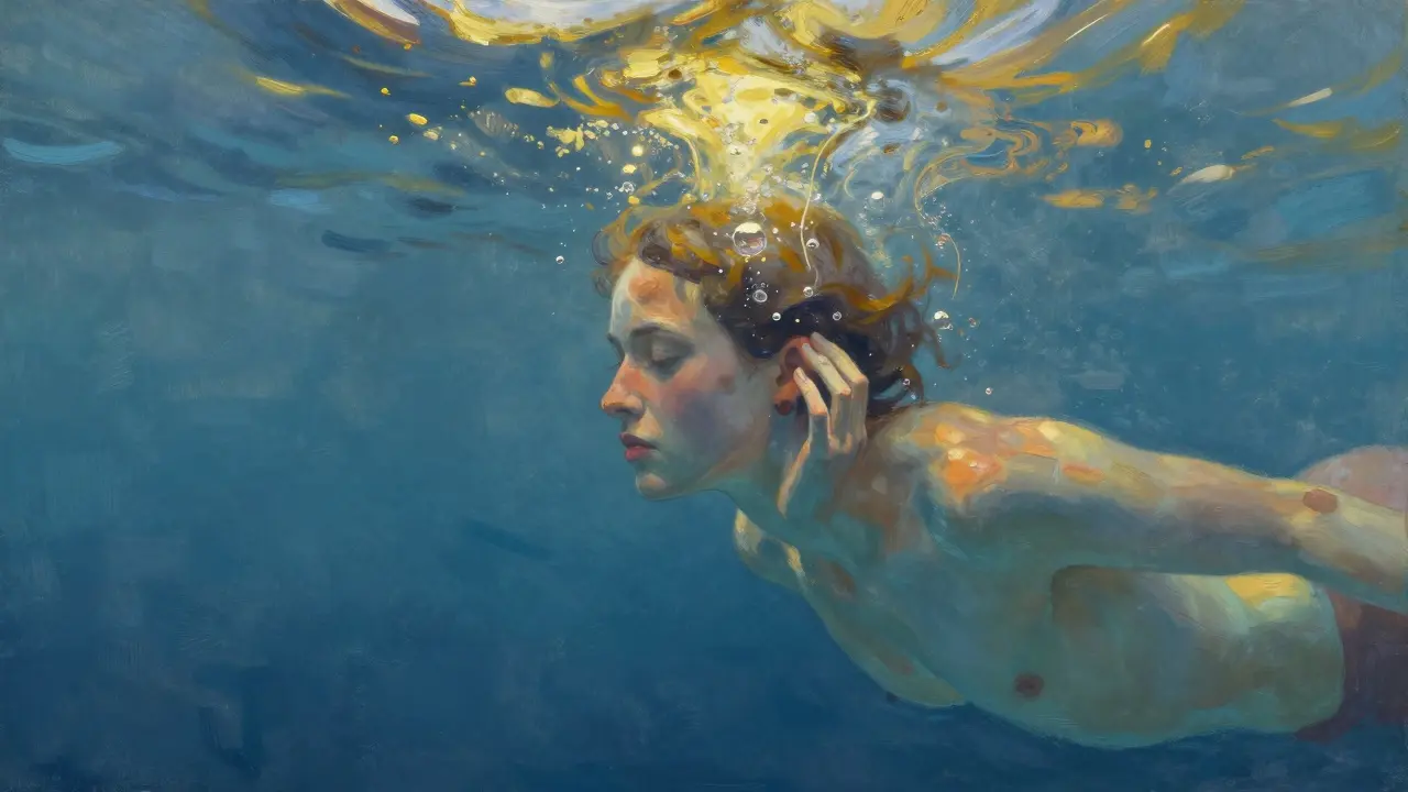 Potápěč vystupuje z vody s klidným výrazem, symbolizující zvládnutí tlaku v uchu.