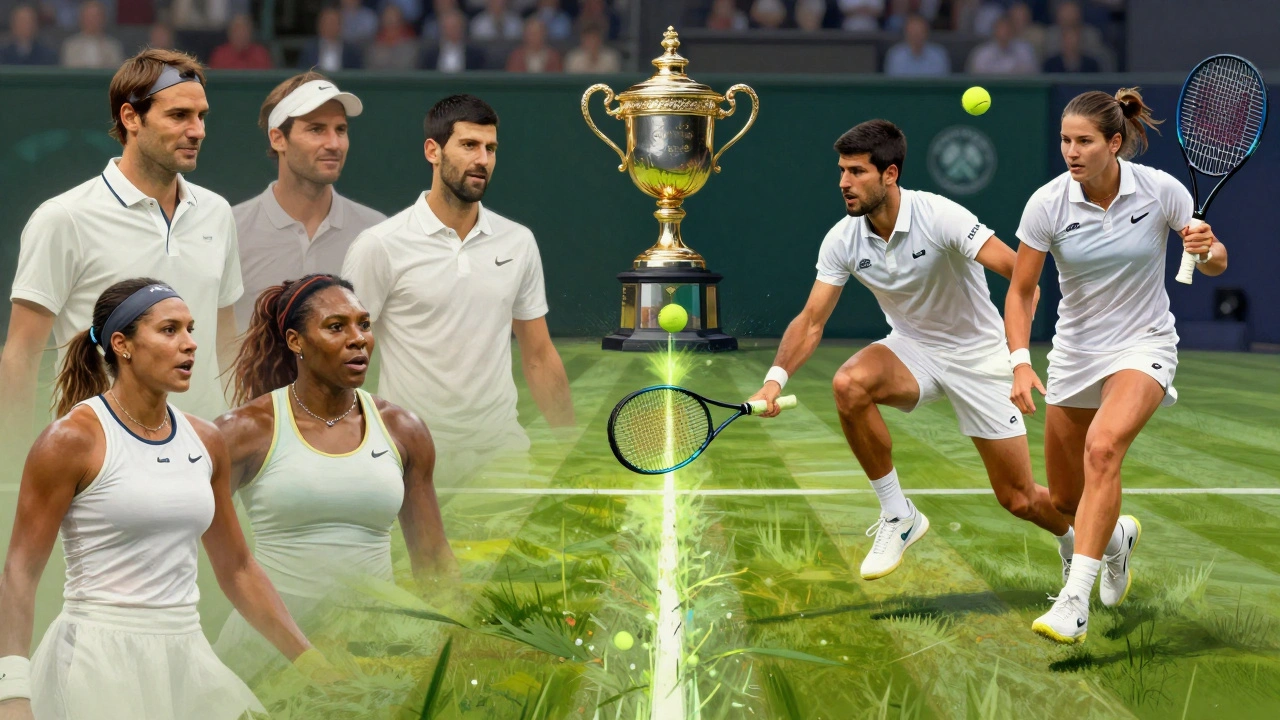 Přechod éry tenisu: legendy na levé straně, nová generace na pravé.