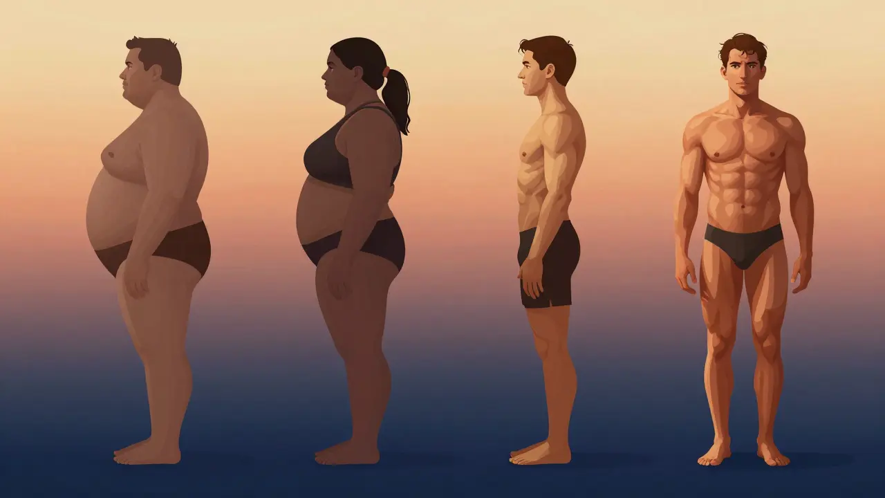 Profily těla postupně měnící se od tukového k svalovému tvaru.