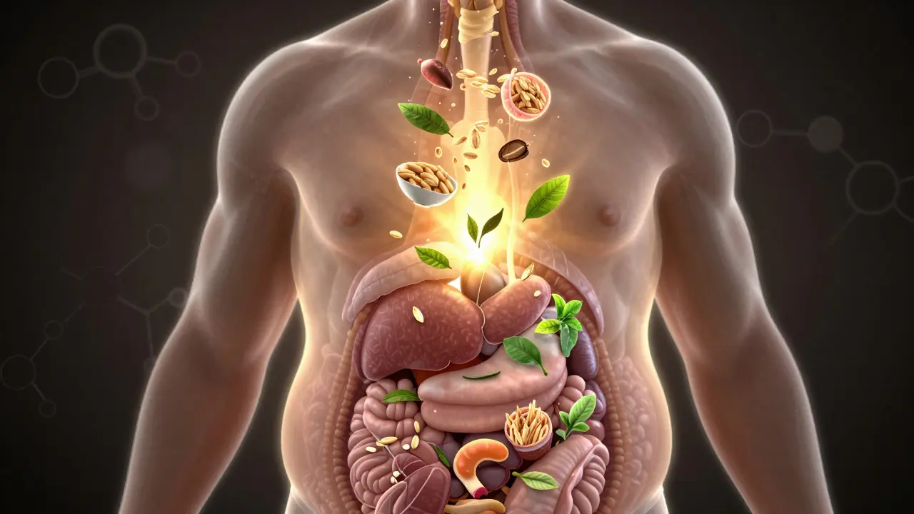 Průhledný lidský břicho s tukem, který se mění na zeleninu, ovesku a čajové listy.